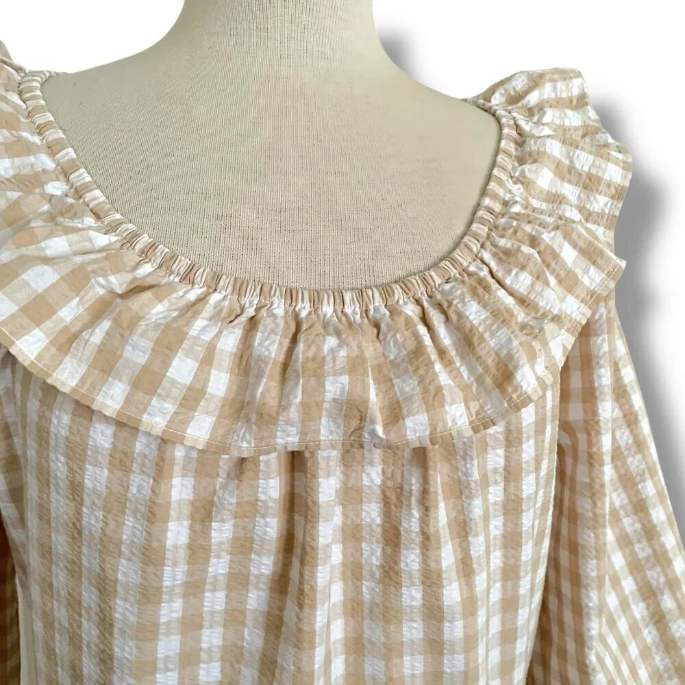 J Crew Womens Seersucker Dress Sz 12 Tan White Gingham Ruffle Neck Mini Preppy